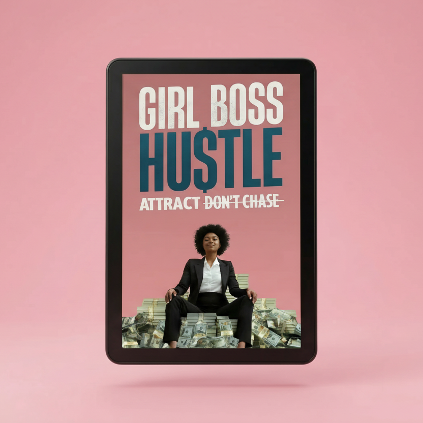 Book titled 'Girl Boss Hustle' on a pink background