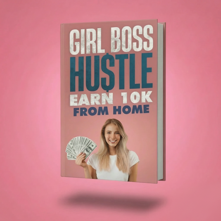 Book titled 'Girl Boss Hustle: Earn 10K from Home' on a pink background