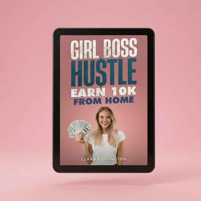 Girl Boss Hustle Earn 10k From home - floating kindle studio shot pink background