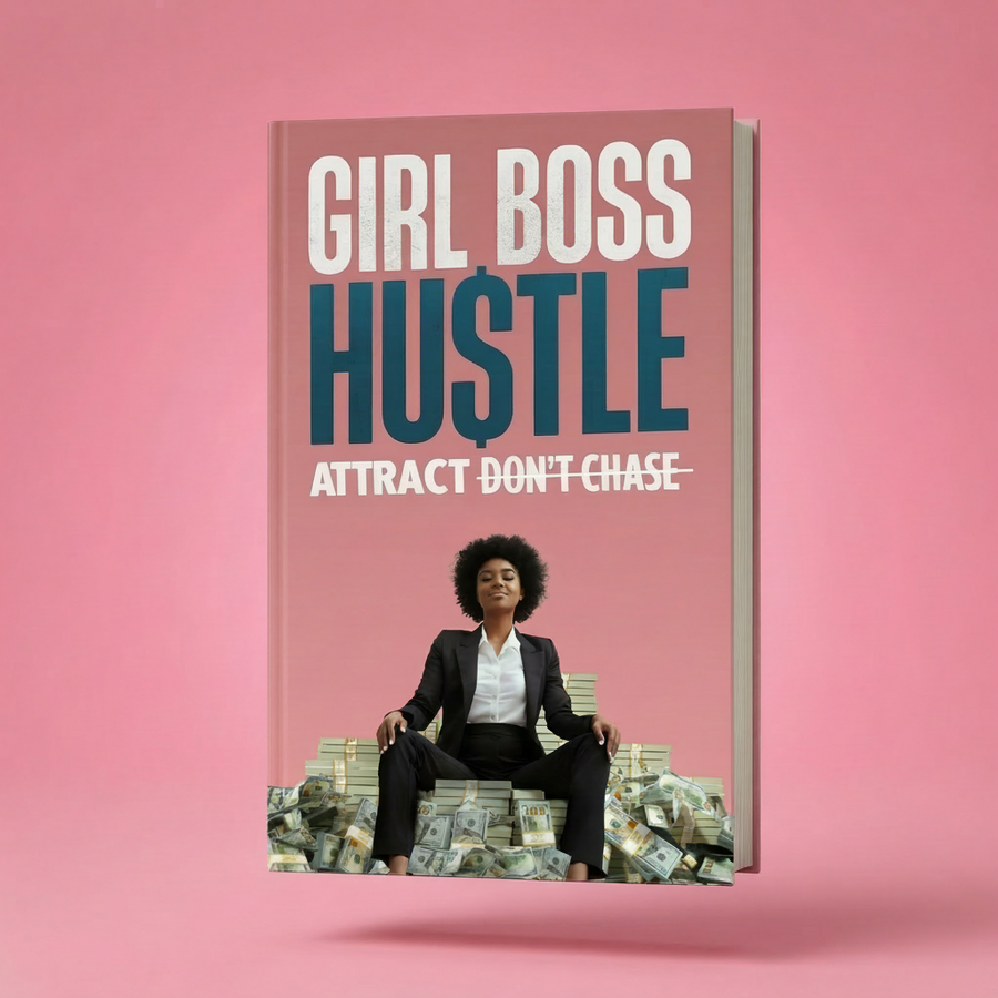 Book titled 'Girl Boss Hustle: Attract Don't Chase' with a woman sitting on money on a pink background