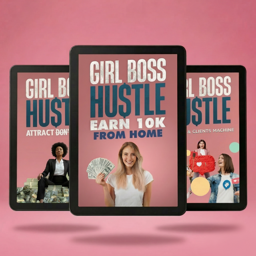 Three tablets displaying the 'Girl Boss Hustle' book cover on a pink background